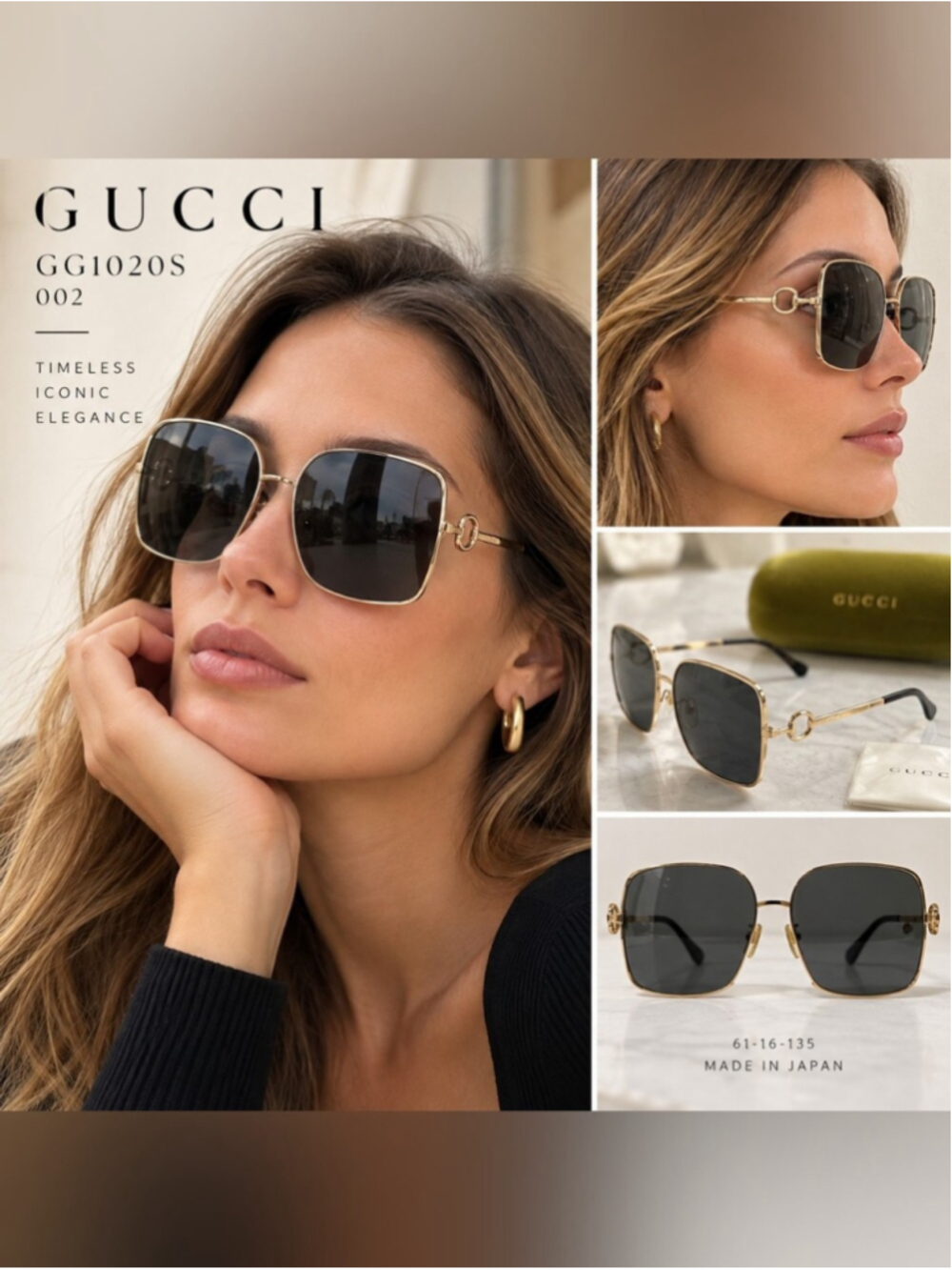 Gucci GG1020S 002 Oversized Square Sunglasses Gold Grey Made in Japan